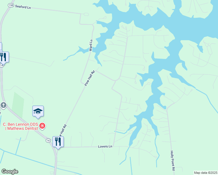 map of restaurants, bars, coffee shops, grocery stores, and more near 70 Old Bay Lane in Mathews