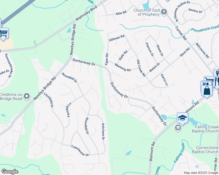 map of restaurants, bars, coffee shops, grocery stores, and more near 3913 Sunny Creek Drive in Chesterfield