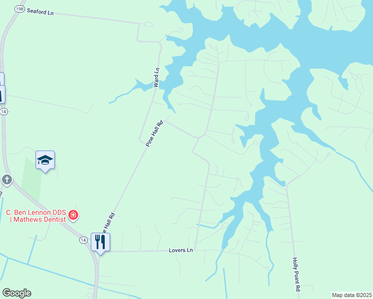 map of restaurants, bars, coffee shops, grocery stores, and more near 70 Old Bay Lane in Mathews