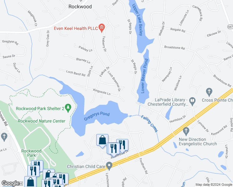 map of restaurants, bars, coffee shops, grocery stores, and more near 2522 Loch Braemar Drive in Richmond