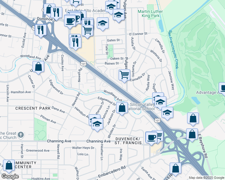 map of restaurants, bars, coffee shops, grocery stores, and more near in East Palo Alto