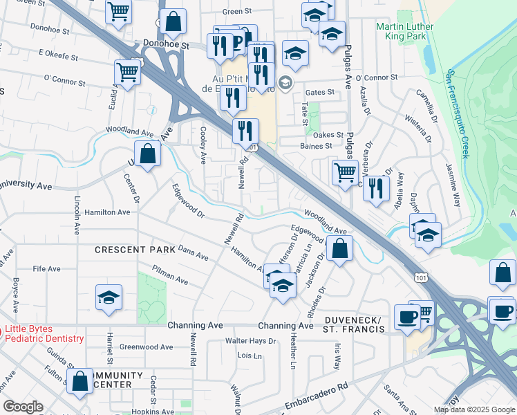 map of restaurants, bars, coffee shops, grocery stores, and more near 1837 Clarke Avenue in East Palo Alto