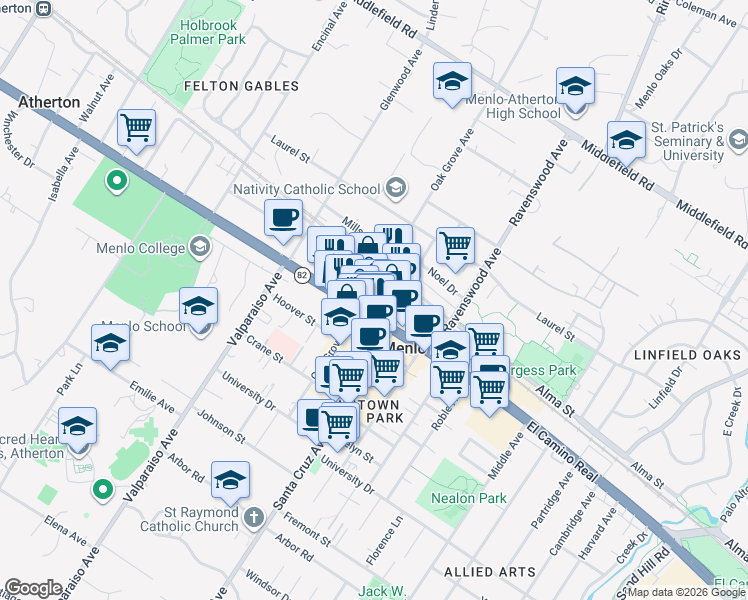 map of restaurants, bars, coffee shops, grocery stores, and more near 550 Oak Grove Avenue in Menlo Park