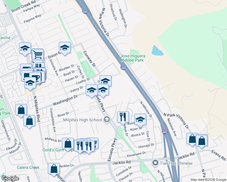 map of restaurants, bars, coffee shops, grocery stores, and more near 1500 Escuela Parkway in Milpitas