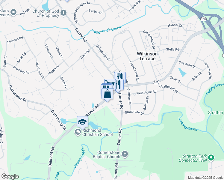 map of restaurants, bars, coffee shops, grocery stores, and more near 6110 Belmont Rd in Chesterfield