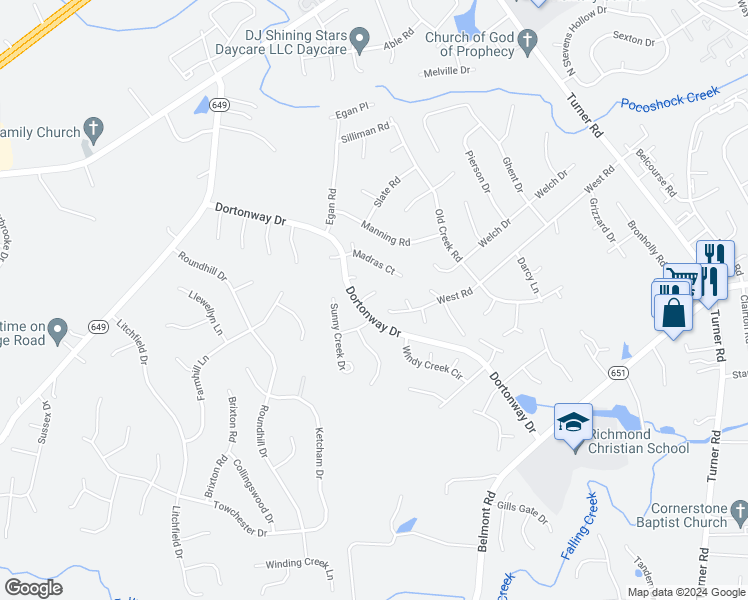 map of restaurants, bars, coffee shops, grocery stores, and more near 7107 Dortonway Place in Chesterfield