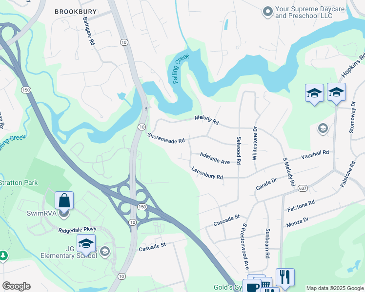 map of restaurants, bars, coffee shops, grocery stores, and more near 4607 Shoremeade Road in Richmond