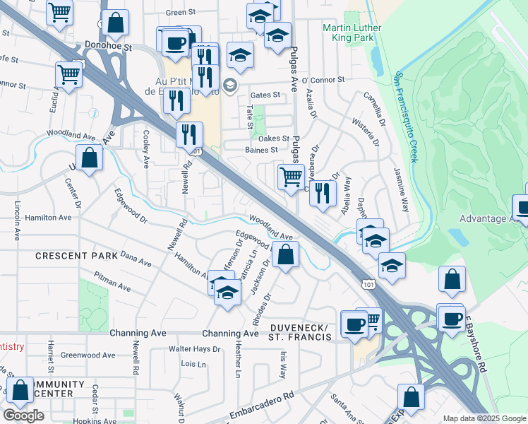 map of restaurants, bars, coffee shops, grocery stores, and more near 1854 West Bayshore Road in East Palo Alto
