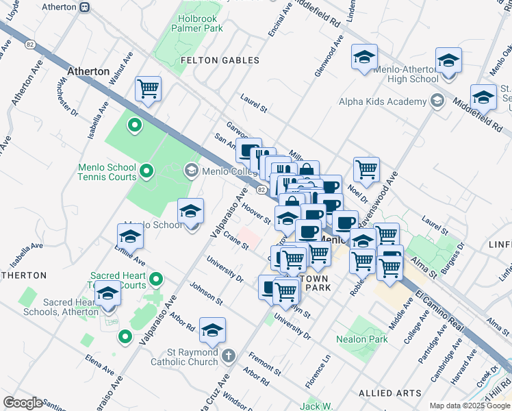 map of restaurants, bars, coffee shops, grocery stores, and more near 1326 Hoover Street in Menlo Park