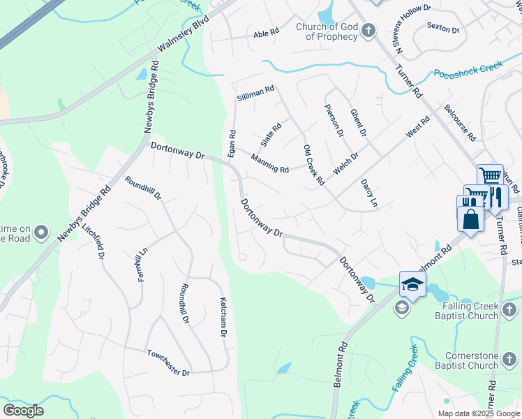 map of restaurants, bars, coffee shops, grocery stores, and more near 7107 Dortonway Place in Chesterfield