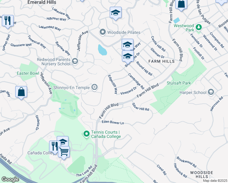 map of restaurants, bars, coffee shops, grocery stores, and more near 3893 Harvest Drive in Redwood City