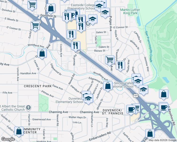 map of restaurants, bars, coffee shops, grocery stores, and more near 1807 Woodland Avenue in East Palo Alto