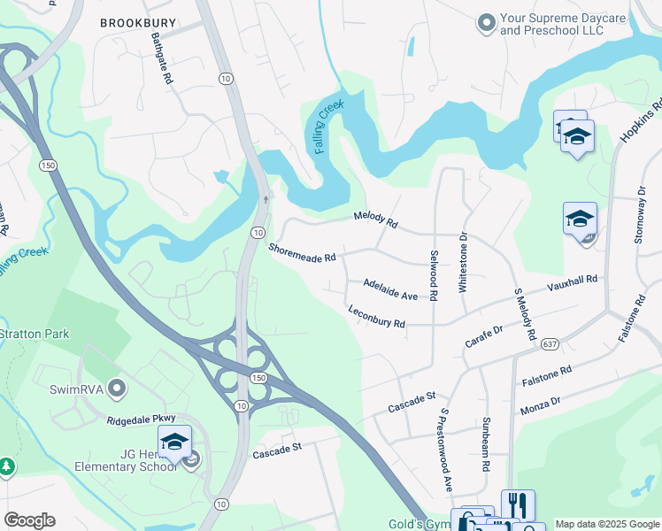 map of restaurants, bars, coffee shops, grocery stores, and more near 4607 Shoremeade Road in Richmond