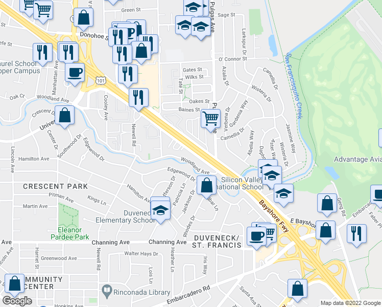 map of restaurants, bars, coffee shops, grocery stores, and more near 1854 West Bayshore Road in East Palo Alto
