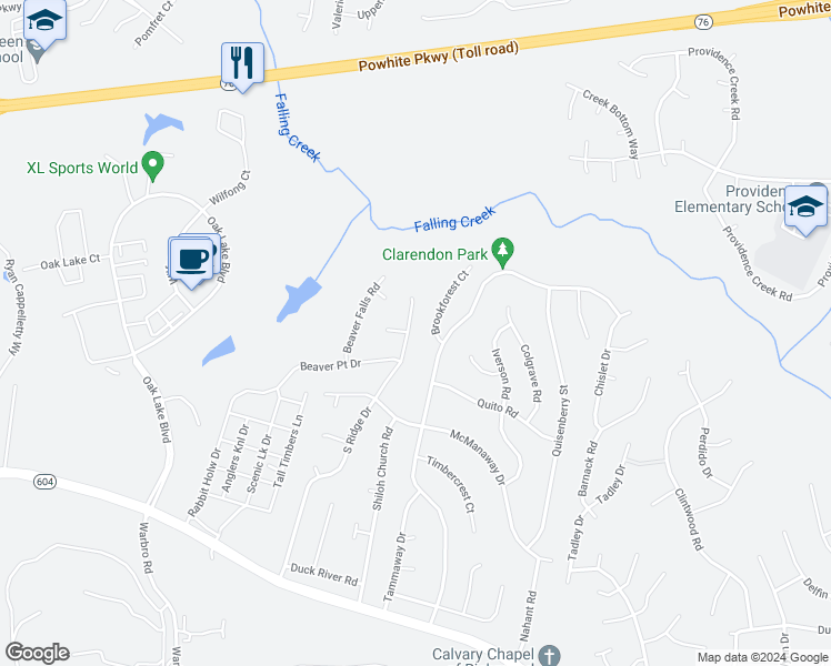 map of restaurants, bars, coffee shops, grocery stores, and more near 2531 South Ridge Drive in Midlothian