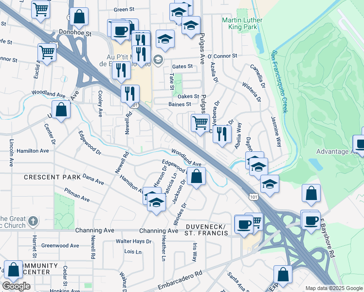 map of restaurants, bars, coffee shops, grocery stores, and more near in East Palo Alto