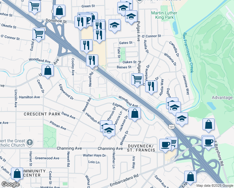 map of restaurants, bars, coffee shops, grocery stores, and more near 1838 West Bayshore Road in East Palo Alto