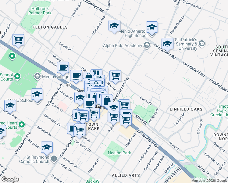 map of restaurants, bars, coffee shops, grocery stores, and more near 1031 Noel Drive in Menlo Park