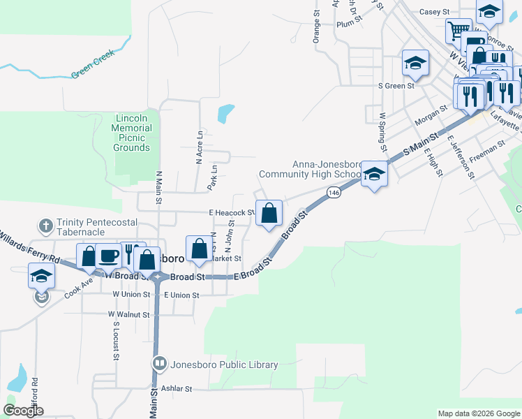 map of restaurants, bars, coffee shops, grocery stores, and more near 100 Brown Street in Jonesboro