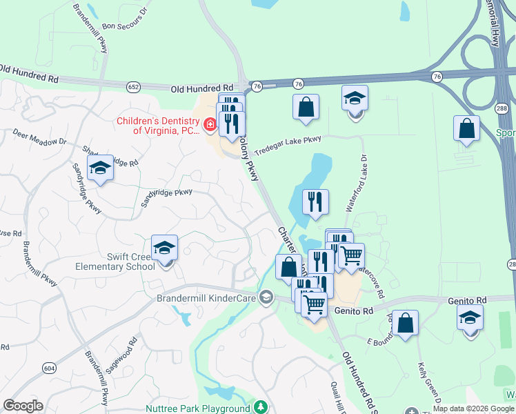 map of restaurants, bars, coffee shops, grocery stores, and more near 2509 Carriage Creek Court in Midlothian