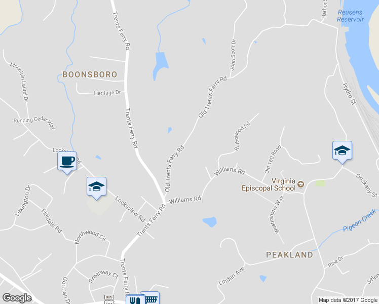 map of restaurants, bars, coffee shops, grocery stores, and more near 816 Old Trents Ferry Road in Lynchburg