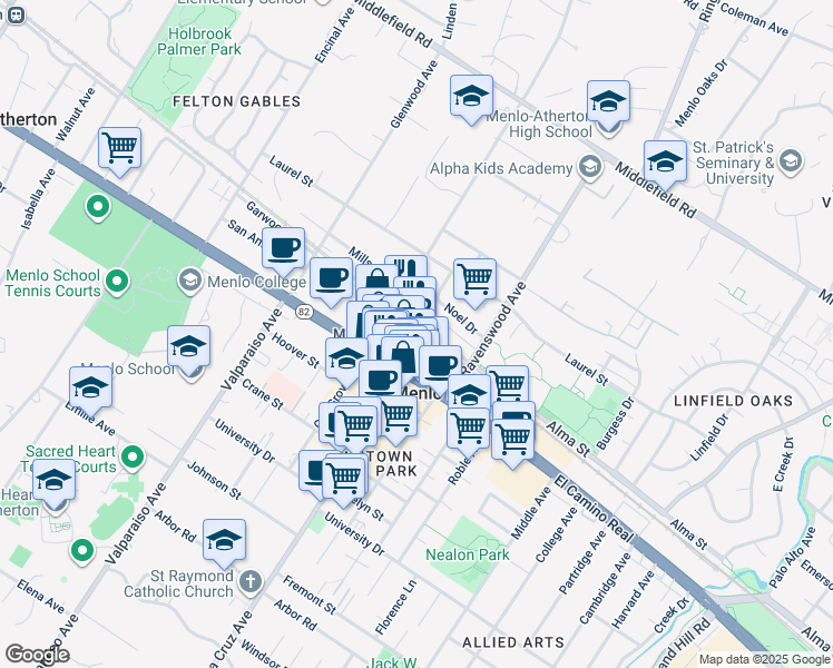 map of restaurants, bars, coffee shops, grocery stores, and more near 1120 Merrill Street in Menlo Park