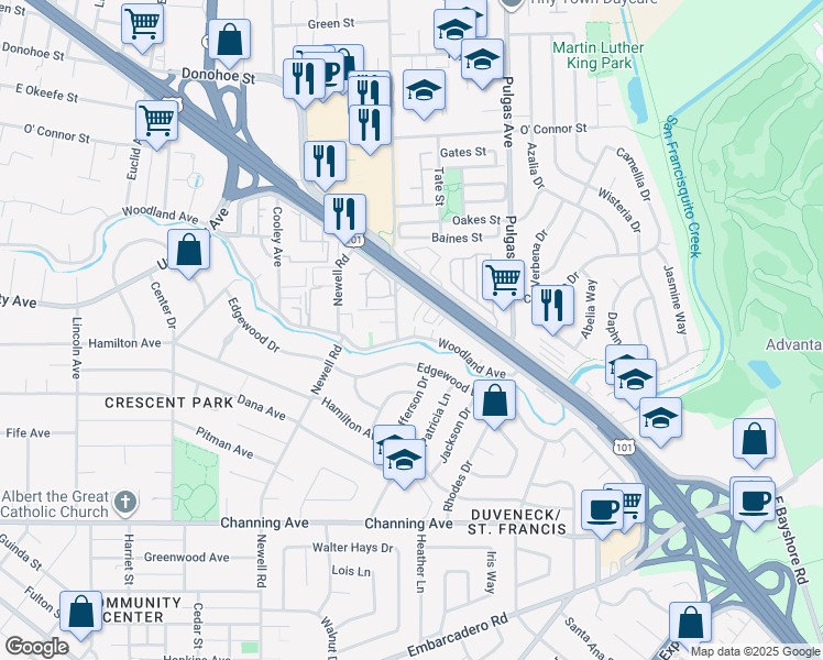 map of restaurants, bars, coffee shops, grocery stores, and more near 1826 Clarke Avenue in East Palo Alto
