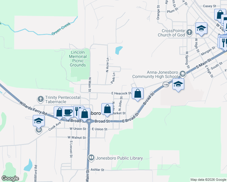 map of restaurants, bars, coffee shops, grocery stores, and more near 247 East Heacock Street in Jonesboro