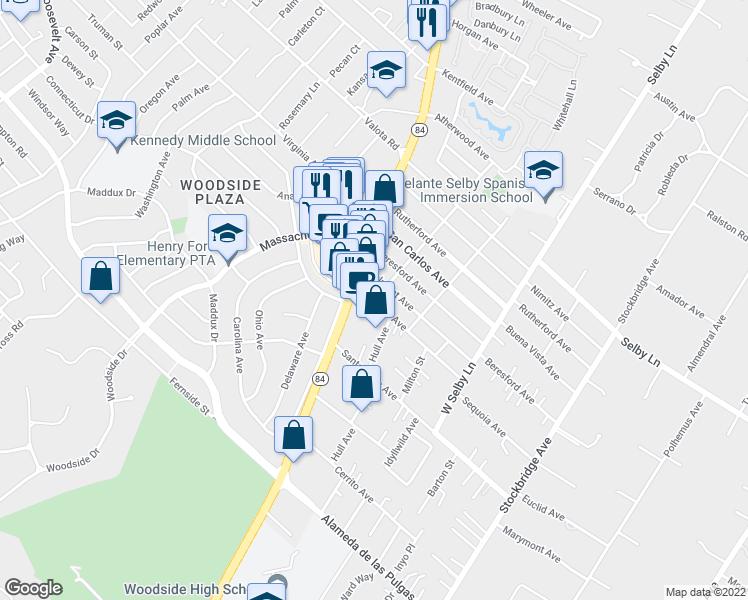 map of restaurants, bars, coffee shops, grocery stores, and more near 131 Sequoia Avenue in Redwood City