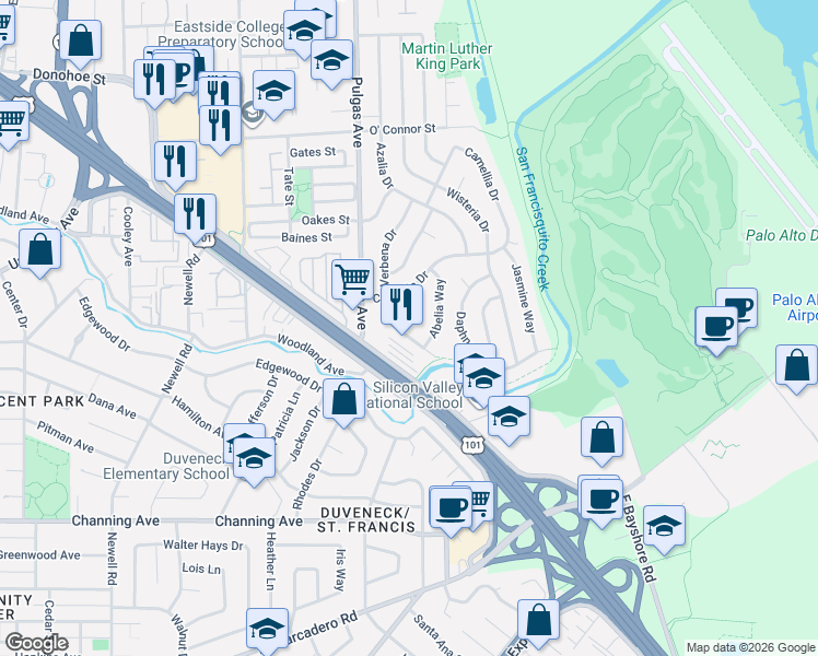 map of restaurants, bars, coffee shops, grocery stores, and more near 148 Verbena Drive in East Palo Alto