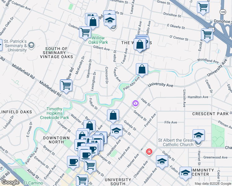map of restaurants, bars, coffee shops, grocery stores, and more near 841 Woodland Avenue in Menlo Park