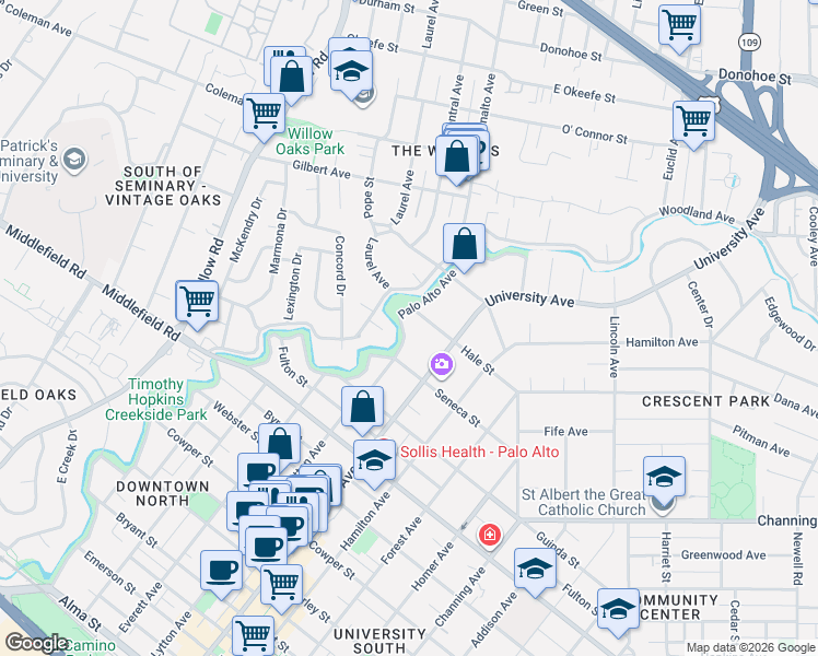 map of restaurants, bars, coffee shops, grocery stores, and more near 858 Woodland Court in Menlo Park
