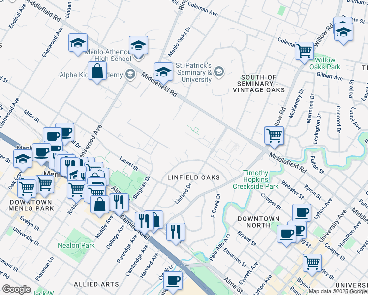 map of restaurants, bars, coffee shops, grocery stores, and more near 32 Kent Place in Menlo Park