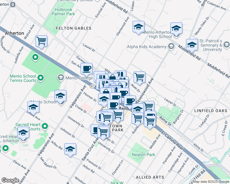 map of restaurants, bars, coffee shops, grocery stores, and more near 550 Oak Grove Avenue in Menlo Park