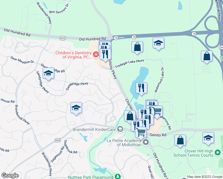 map of restaurants, bars, coffee shops, grocery stores, and more near 2509 Carriage Creek Court in Midlothian