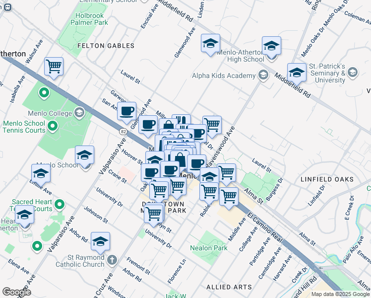 map of restaurants, bars, coffee shops, grocery stores, and more near 1120 Merrill Street in Menlo Park