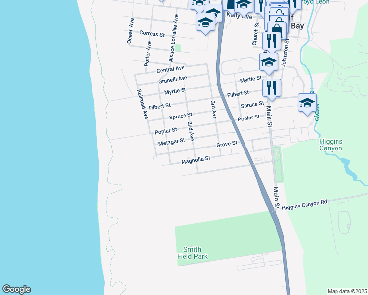 map of restaurants, bars, coffee shops, grocery stores, and more near 344 Metzgar Street in Half Moon Bay