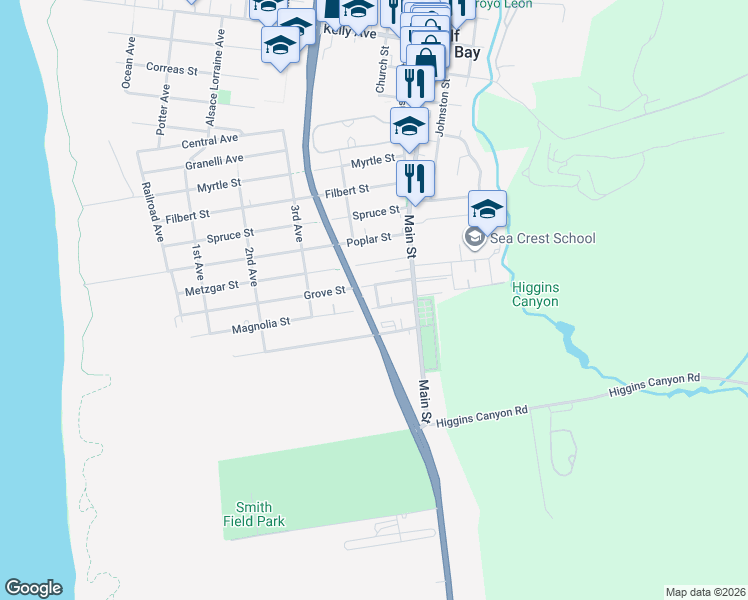 map of restaurants, bars, coffee shops, grocery stores, and more near 611 Magnolia Street in Half Moon Bay
