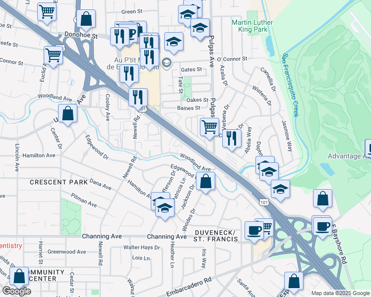 map of restaurants, bars, coffee shops, grocery stores, and more near 1846 West Bayshore Road in East Palo Alto