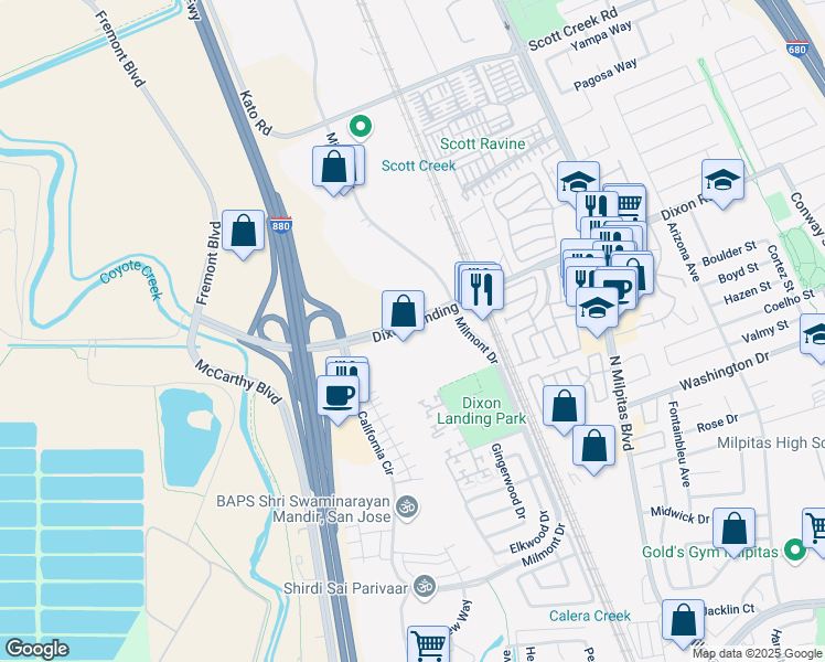 map of restaurants, bars, coffee shops, grocery stores, and more near 434 Dixon Landing Road in Milpitas