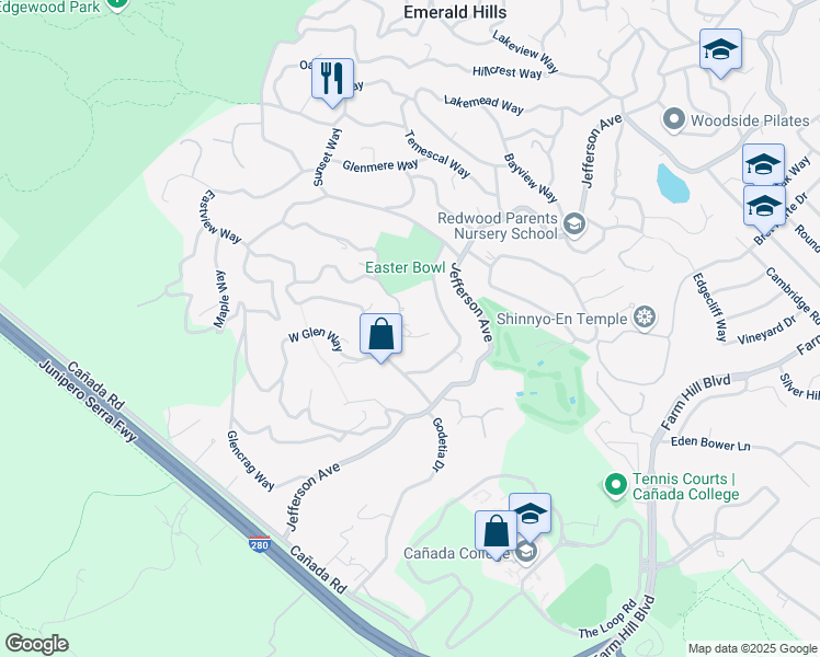 map of restaurants, bars, coffee shops, grocery stores, and more near 735 Southview Way in Woodside