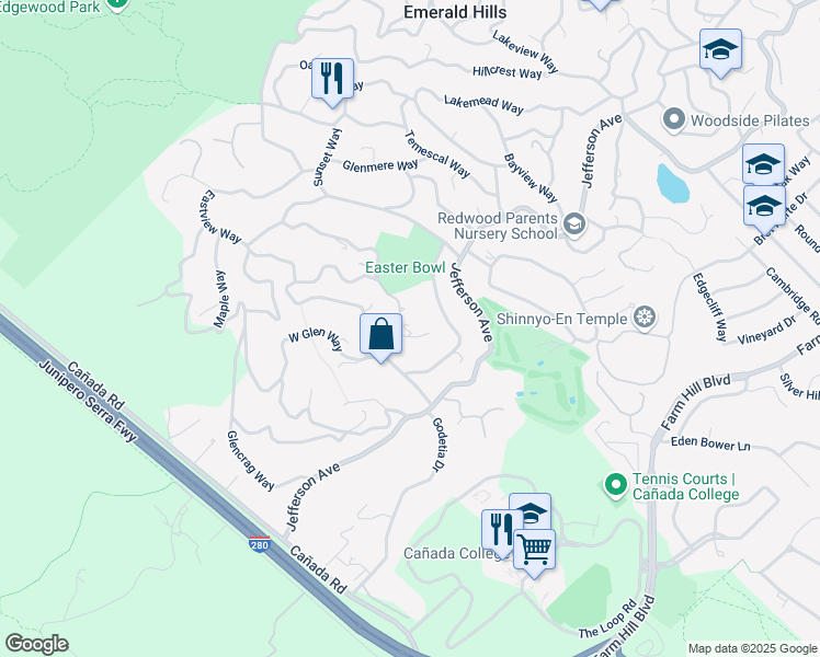 map of restaurants, bars, coffee shops, grocery stores, and more near 735 Southview Way in Woodside