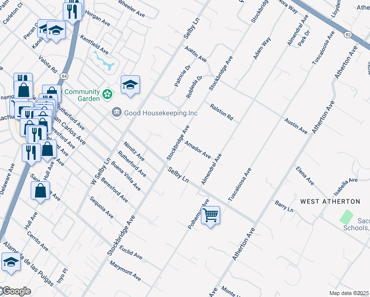 map of restaurants, bars, coffee shops, grocery stores, and more near 22 Amador Avenue in Atherton