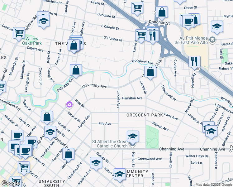 map of restaurants, bars, coffee shops, grocery stores, and more near 1245 Lincoln Avenue in Palo Alto