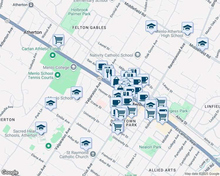 map of restaurants, bars, coffee shops, grocery stores, and more near 1315 El Camino Real in Menlo Park
