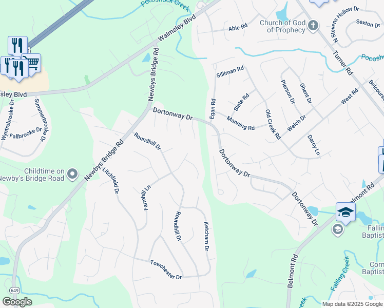 map of restaurants, bars, coffee shops, grocery stores, and more near 3911 Round Hill Court in Chesterfield