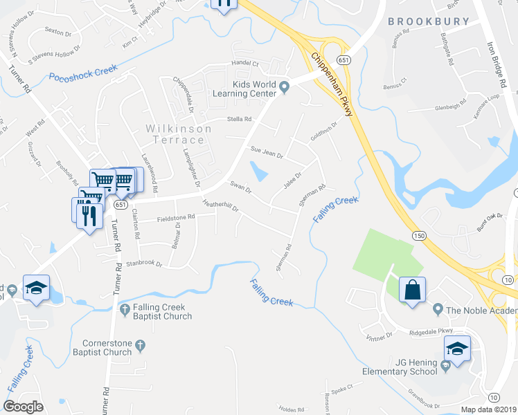 map of restaurants, bars, coffee shops, grocery stores, and more near 5607 Swan Drive in Richmond