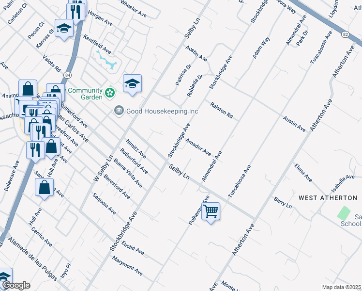 map of restaurants, bars, coffee shops, grocery stores, and more near 22 Amador Avenue in Atherton