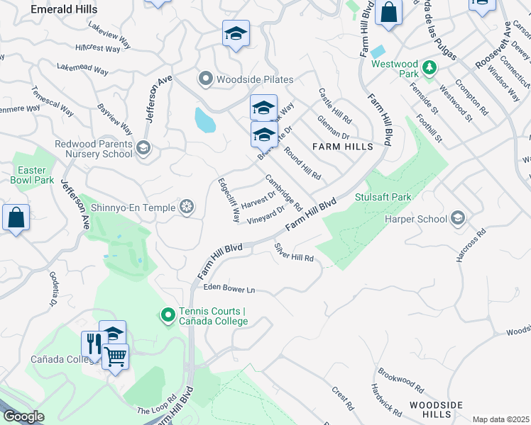 map of restaurants, bars, coffee shops, grocery stores, and more near 3848 Vineyard Drive in Redwood City