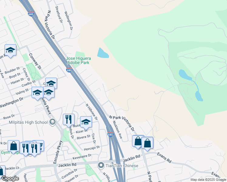 map of restaurants, bars, coffee shops, grocery stores, and more near 1402 El Camino Higuera in Milpitas